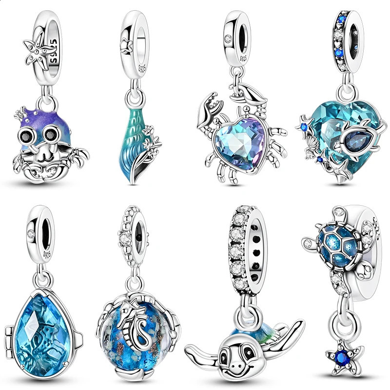 925 Sterling Silver Charms Beads Summer Ocean Turtle Crab Beach Shell Blue Charm Pendants For Women DIY Bracelet Jewelry Gift 250916