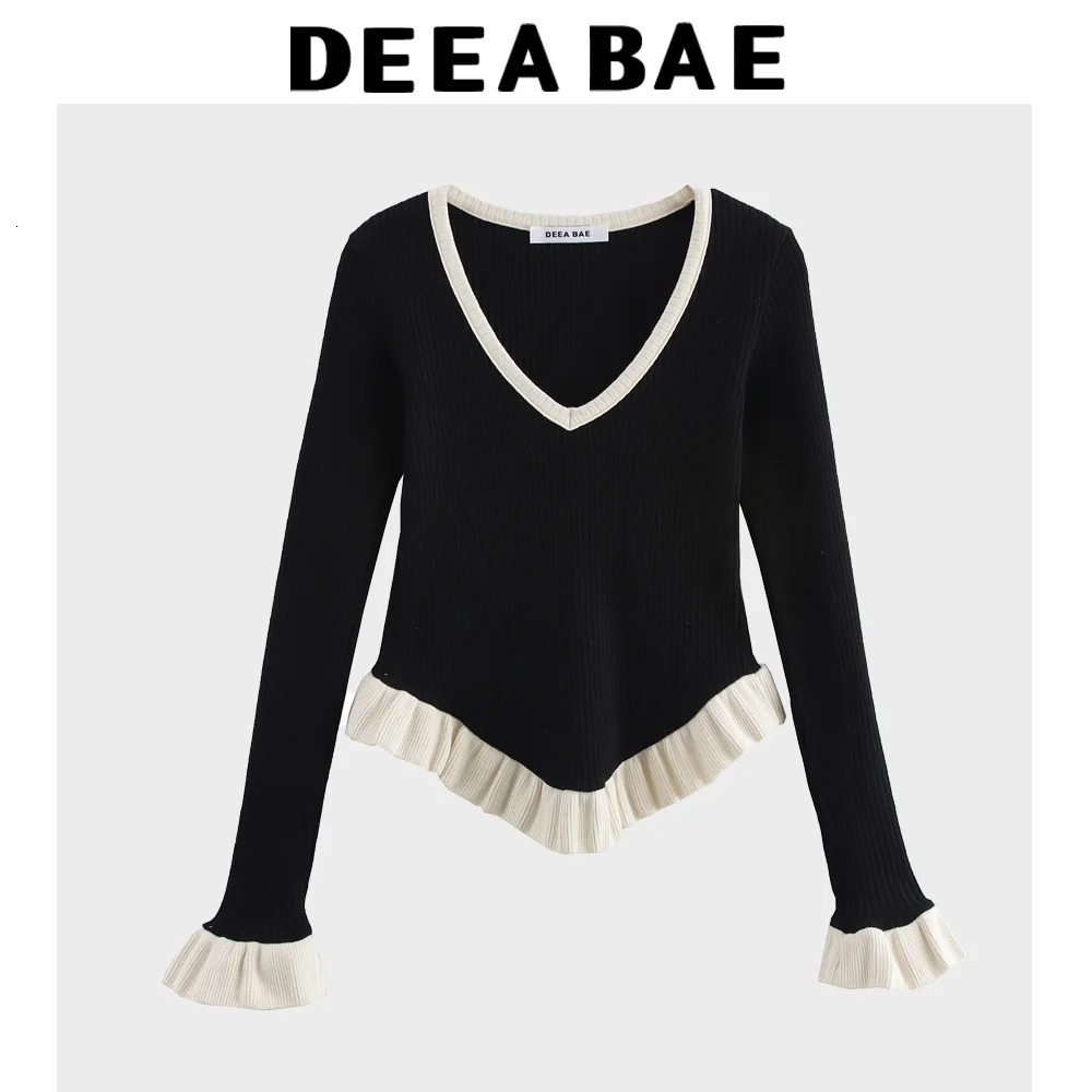 DEEABAE Korean Womens Fashion Temperament Slim Fit Layered Decoration Vertical Stripe Vneck Long Sleeved Knitted Pullover 250917BJ