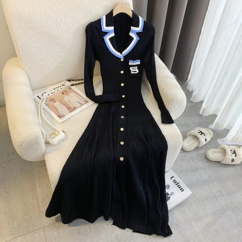 Yuoomuoo Elegant broderie lettre en tricot robe maxi automne l'hiver mode dame nardiée de chouchis noir robes de bureau 250920