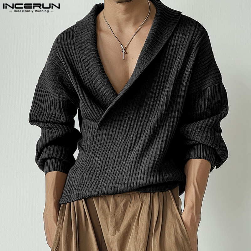 INCEUN Tops Korean Style Fashion Mens Knitted Stripe Pullovers Autumn Winter Casual Lapel Long Sleeved Male Sweaters S5XL 250918BJ