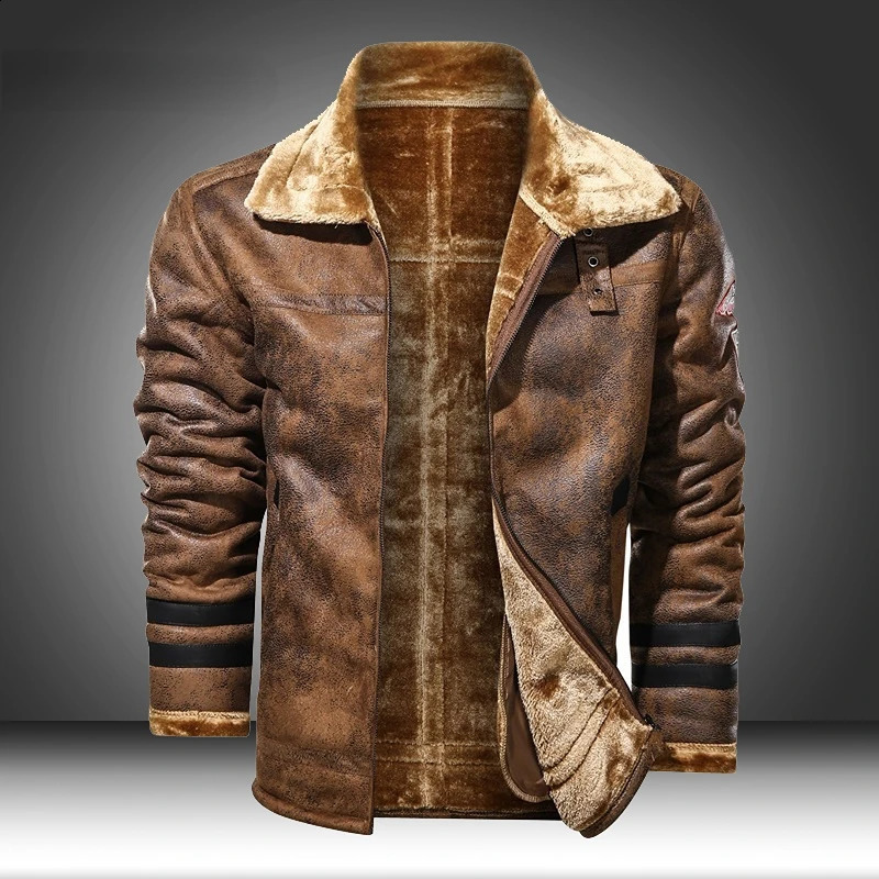 high quality Leather jackets men business Slim PU Bomber Jacket Men Fleece Flights Black Pilot Coats 250918