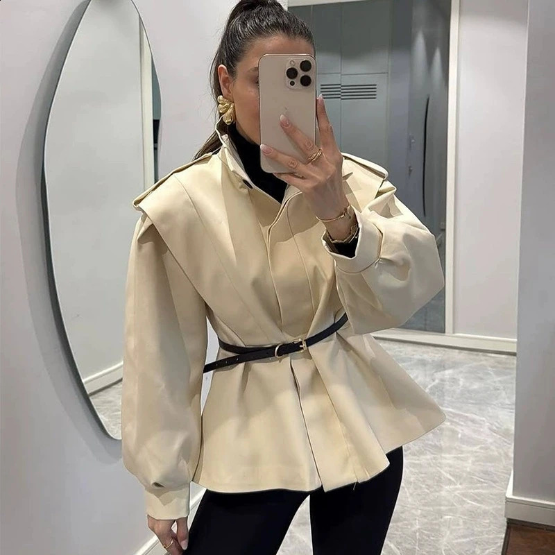 Laceup Cropped Trench Coat Women Fashion Lapel Long Sleeves Wide Shoulder Windbreaker Jacket 2025 Fall Winter Commuting Jackets 250918