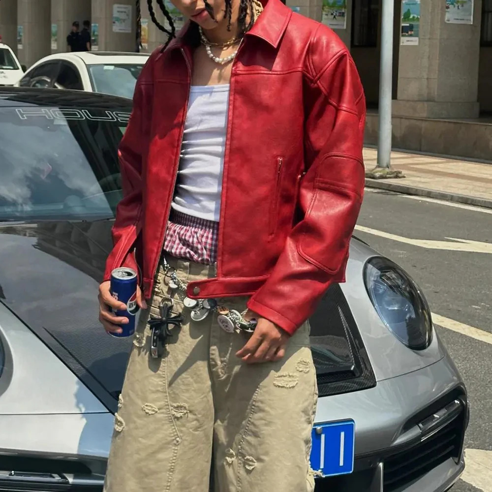 Mens Red LongSleeved Pu Leather Jacket American Retro Fashion Trend Street HipHop Loose Casual Niche 2025 250918