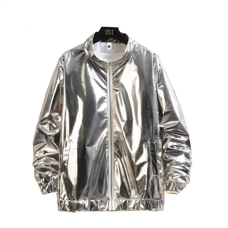 Veste à manches longues pour hommes argentés manteau de commande à glissière à coude adapté aux hauts décontractés de grandes performances de scè