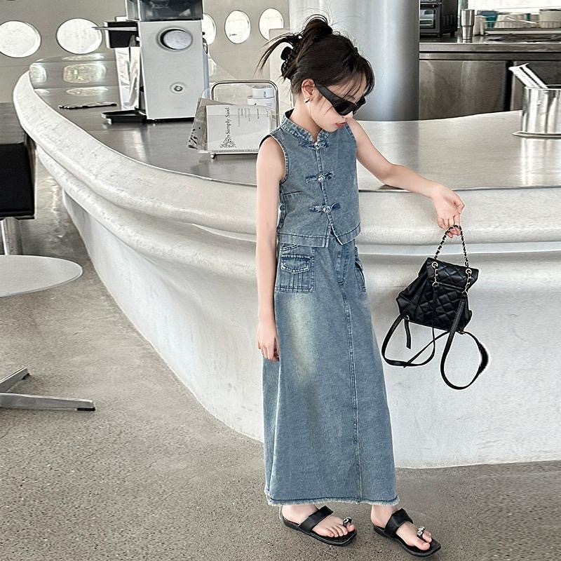 D342 Girls&#039; Thin Denim Skirt Set 2025 Summer Children&#039;s Chinese Style T-shirt Over-the-Knee Maxi Skirt Temperament Two-piece Set-image-1075724324