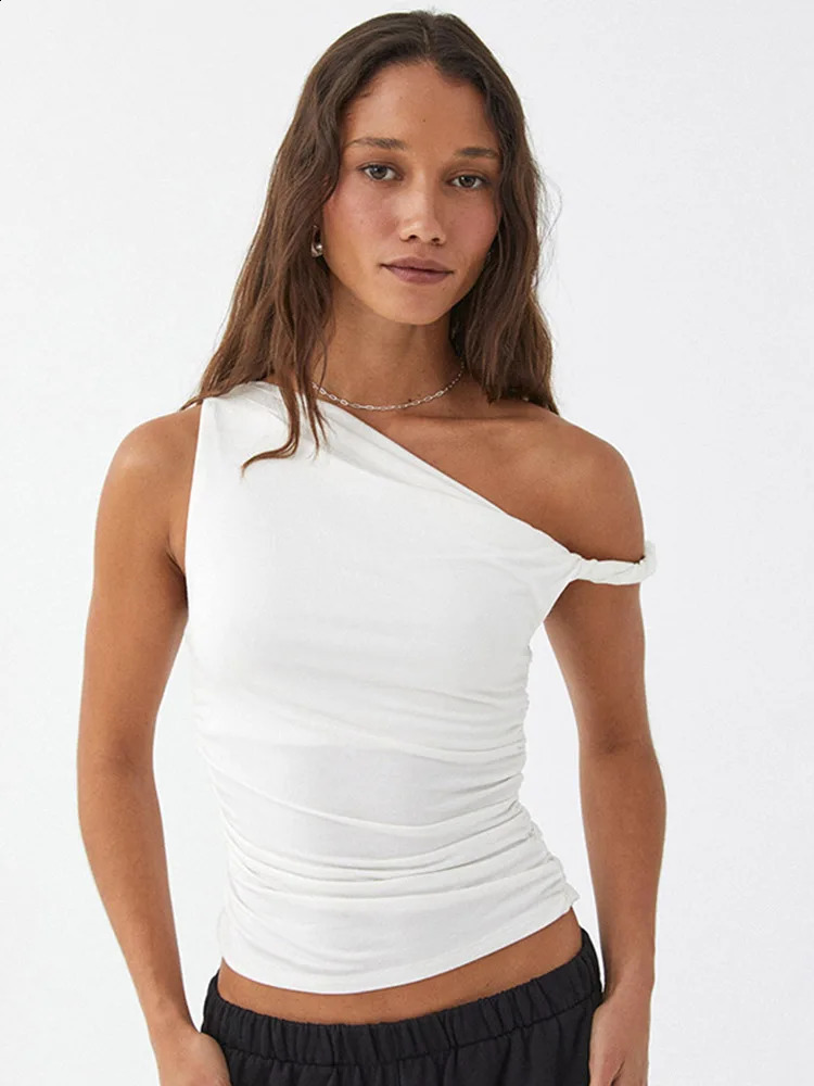 Simple Basic Casual Summer Tank Top Sleeveless Solid Color Off Shoulder Side Ruched Crop Tops Vestidos Spring Women T S 250918