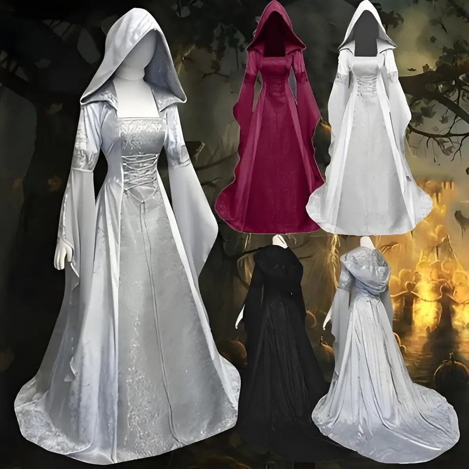 Cross border womens cosplay dress medieval retro style wedding dress hooded waistband dress cospl ay Halloween 250918BJ