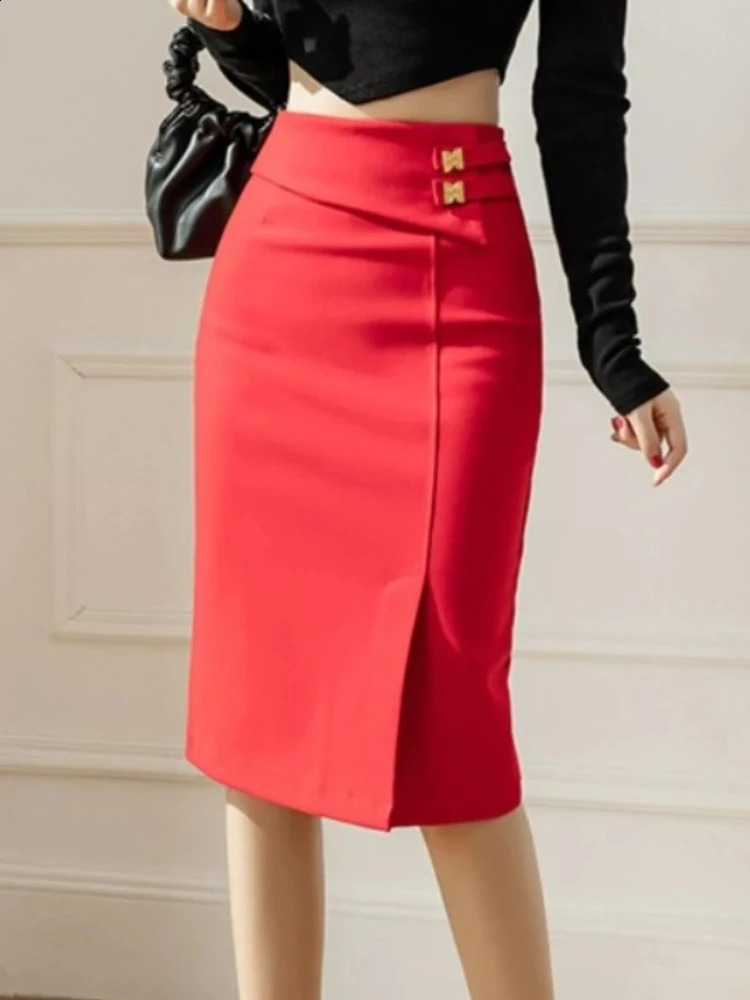 2025 Fashion High Waist Pencil Skirt Plus Size Womens Skirts Elastic Bodycon Office Elegant Korean Sexy Red Midi y250918