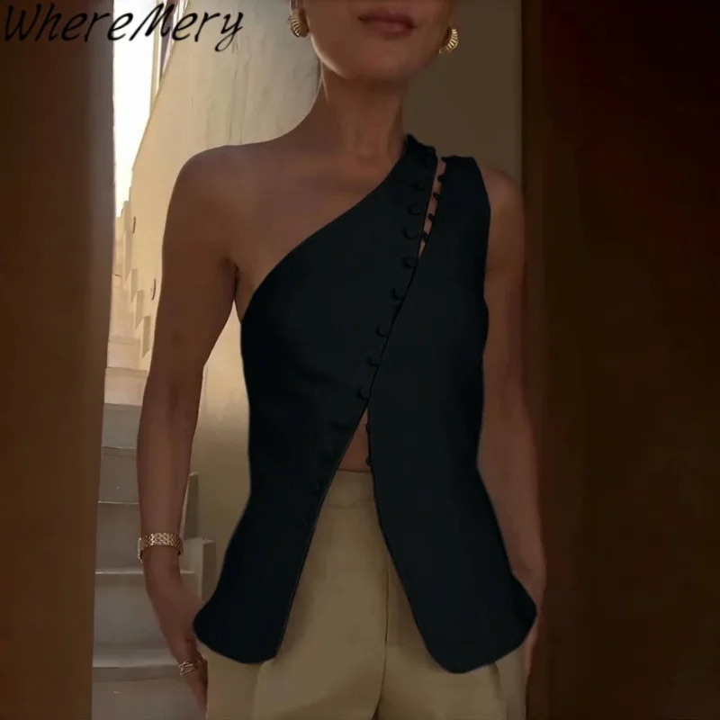 WhereMery Sexy Off Shoulder Hollow Out Top Vintage Sleeveless Solid Backless Vest Summer Daily Street Party Spice Girls Camisole 250918