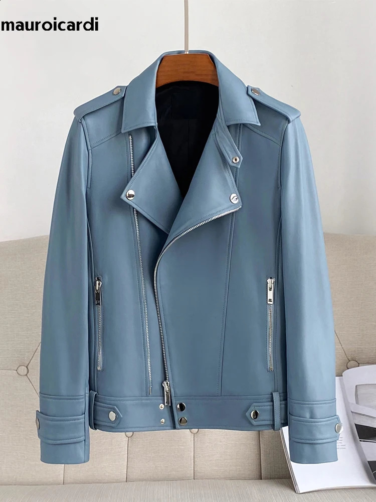 Mauroicardi Spring Autumn Short Blue Black Pu Leather Motorcycle Biker Jacket Men Long Sleeve Zipper Plus Size Outerwear 4xl 5xl 250918
