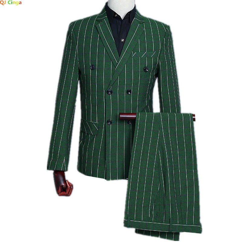 Mens Green Checks Suits Double Breasted Three Piece Set Blazer Vest Pants Fashion Vintage Bridegroom Tuxedos Slim Suit Men 250918