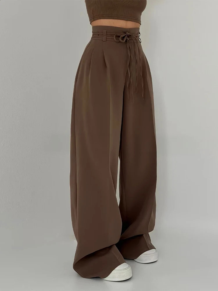 Fashion Y2K Wide Leg Long Pant For Women Elegant Elastic High Waist Double Drawstring Baggy Office Lady Loose Suit Trousers 250918