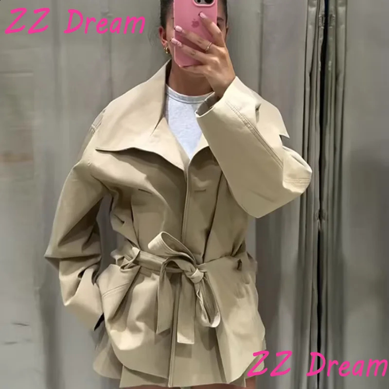 Street Womens Belt Cropped Trench Coat Elegant Stand Collar Single Breasted Long Sleeve Jacket Autumn Lady Commute Outwear 250918BJ