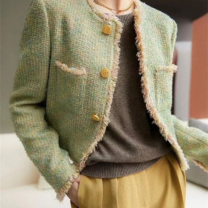 Vestes coréennes de la mode en tweed tops femmes décontractées oneck single poitrine abrigos printemps automne élégant manteau long manteau blusa