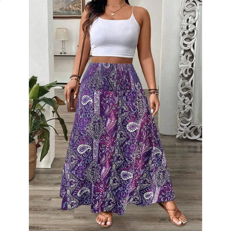 Plus taille 1xl5xl femmes Bohemian Print Jirts dames Longueur Longueur de tempérament jupe élastique Femmes Long 250918