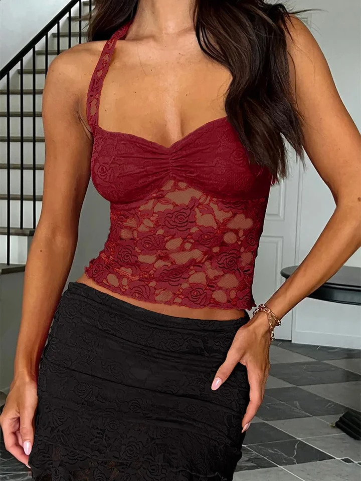 2025 Spring and Summer Womens Y2K Style Sleeveless Sexy Slim Lace Tshirt Tie Solid Color Vest Top 250918