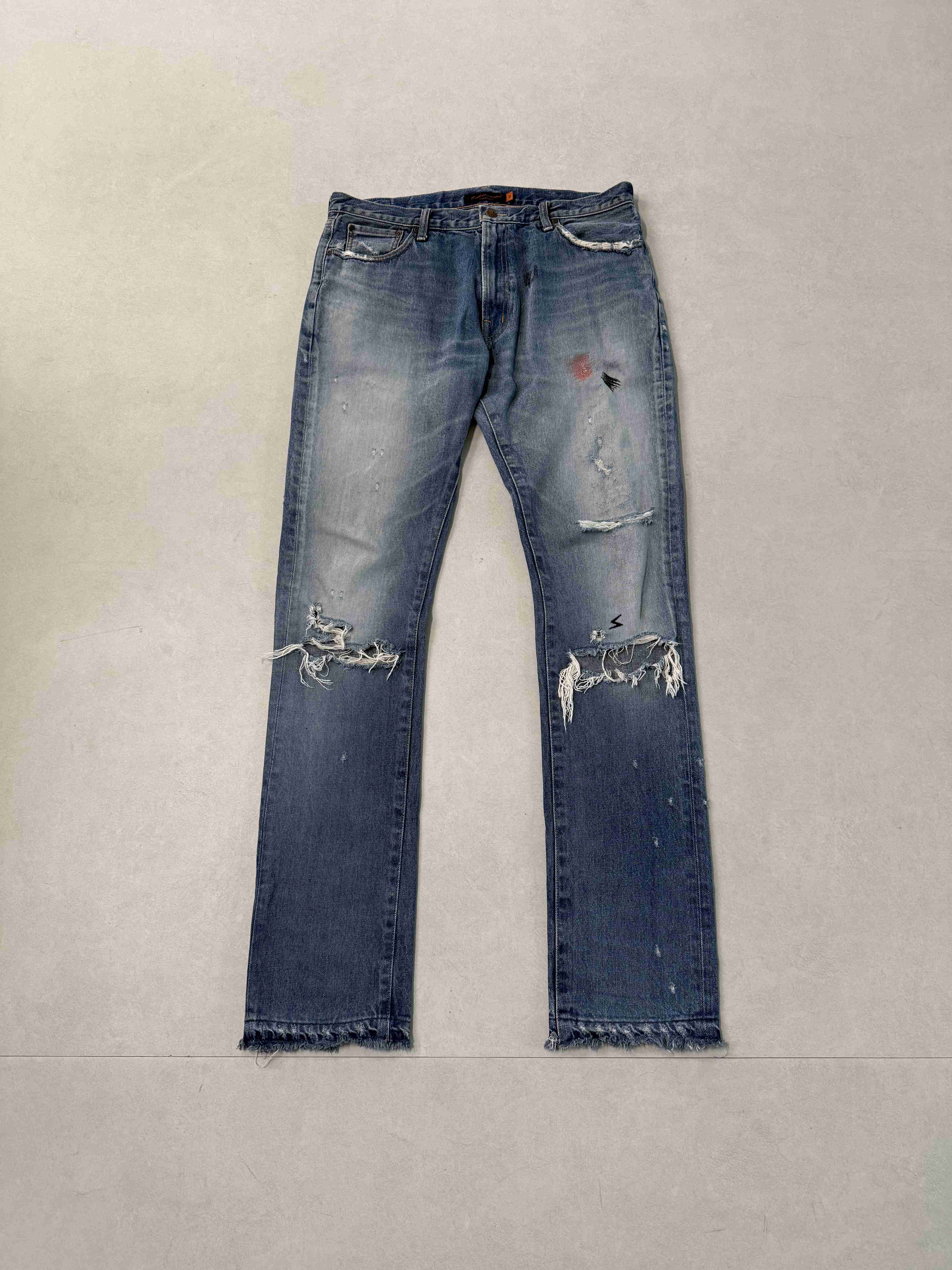 Mens Jeans Undercover 05ss But Beautiful White Cloth Grn Thread Patchwork Distressed Destroyed Vintage Jeans S260724ZKDF