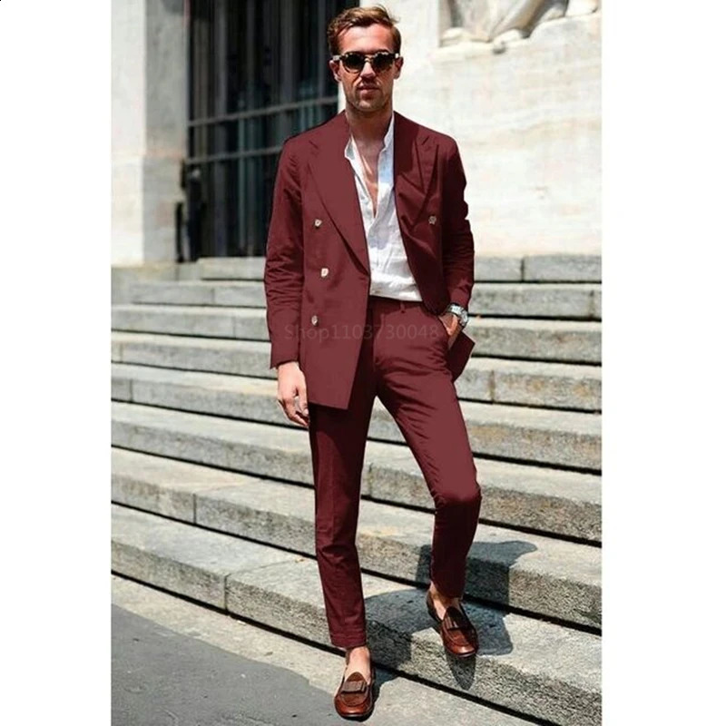 Burgundy Men Suits Slim Fit Smart Casual Wedding Dress Lapel Jacket Pants Formal Tuxedos for Business 2 Piece Sets 250918