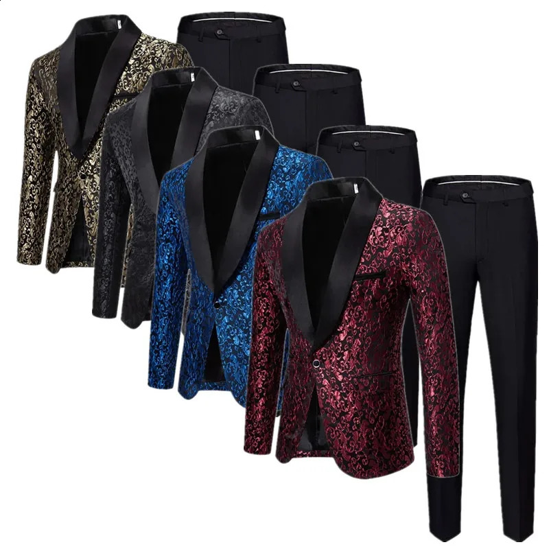 Classic Mens Red Jacquard Suits Loose Floral Jacket Black Trousers Perfect for Weddings Parties Proms Formal Events 250918