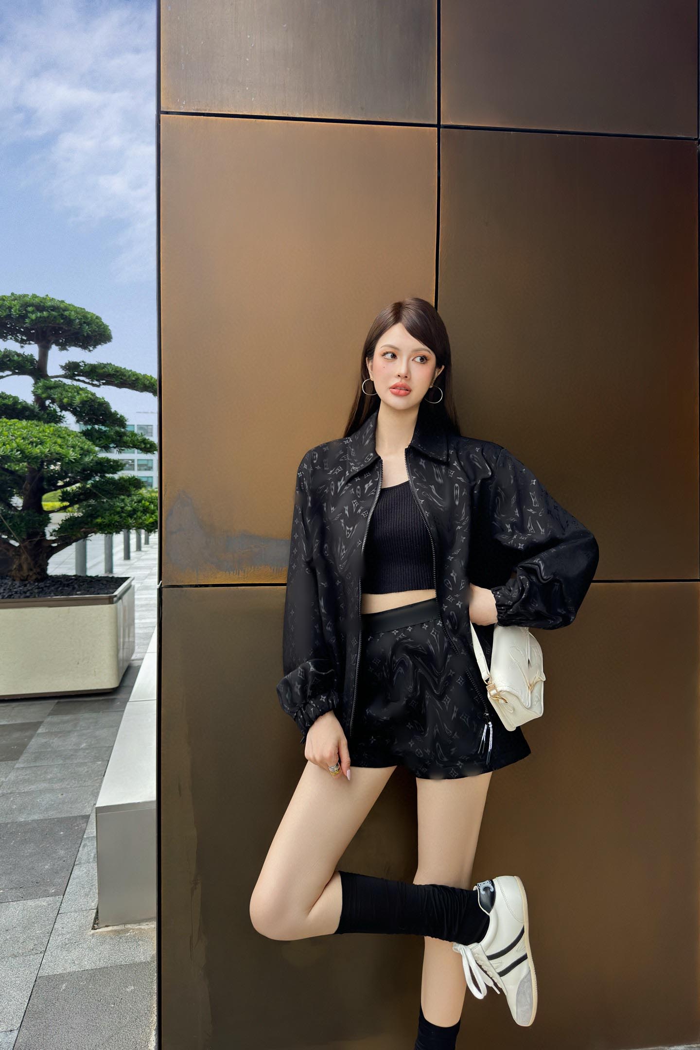 Women's jacket, coat and shorts set designer 1:1 design classic full-print monogram lapel jacket, elastic waist shorts