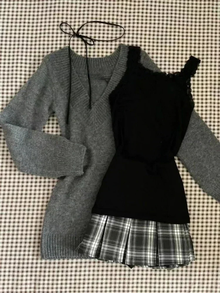 Tshire à manches longues gris vintage Femmes avec Aline Mini Plaid Plaid Jirt Y2K sets 2000s vêtements 250918
