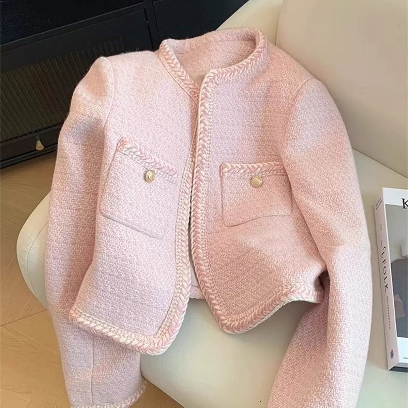 Jmprs Women Sweet Pink Tweed Jackets Elegant Fashion Long Sleeve Patchwork Korean Coat Casual High Quality Open Stitch Outwear250918
