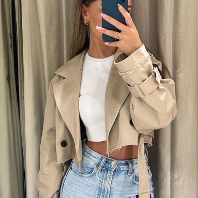2024 Belt Cropped Trench Spring Jacket Women Vintage Streetwear Double Breasted Long Sleeve Top Female Coat Outfits250918
