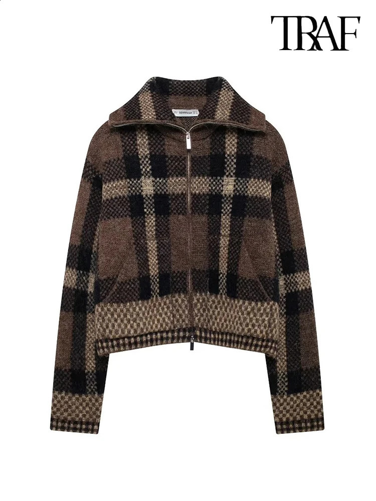 Traf Womens Fashion Vintage Plaid Knit Veste 2024 Chic Abant Front Zipper Pocket Elegant Casuald Paded 250918