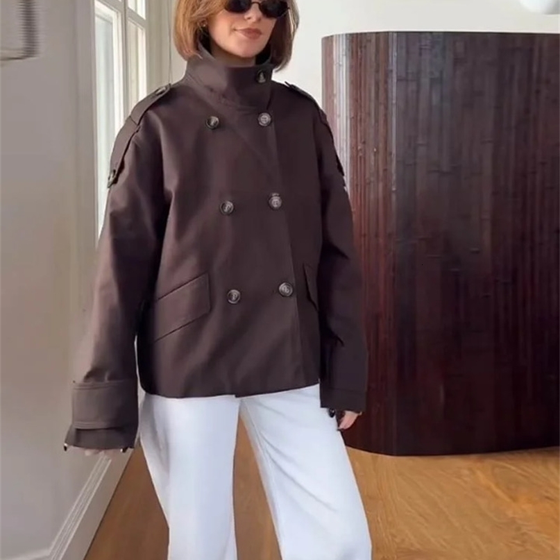 Khaki Trench Coat Women Double Breasted Jacket Woman Stand Collar Full Sleeve Pocket 2025 Autumn Casual Loose Outerwears Lady250918