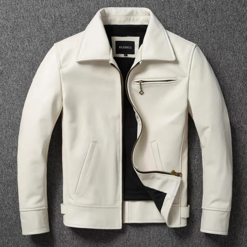Mens Genuine Leather Jacket White Lapel Calfskin Natural Cowhide Coat Slim Fit Top Layer Biker 250918
