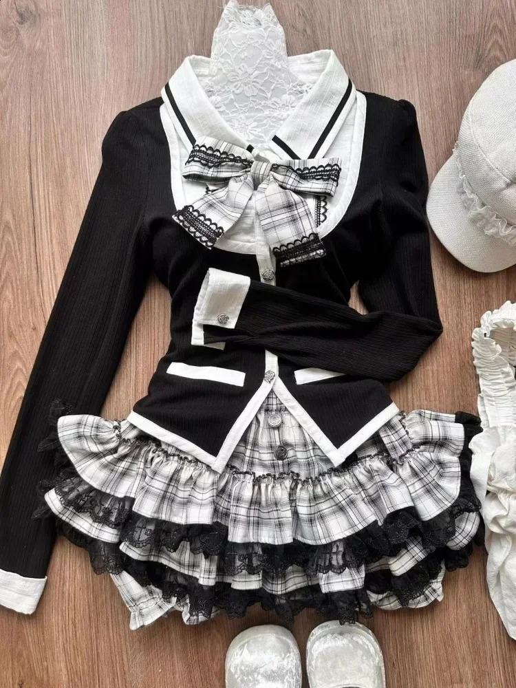 Y2K Korean Vintage Preppy Style Two Piece Set Sweet Bow Knit Tops Ruffles Plaid A Line Mini Skirt Fashion Lolita Outfits 250918