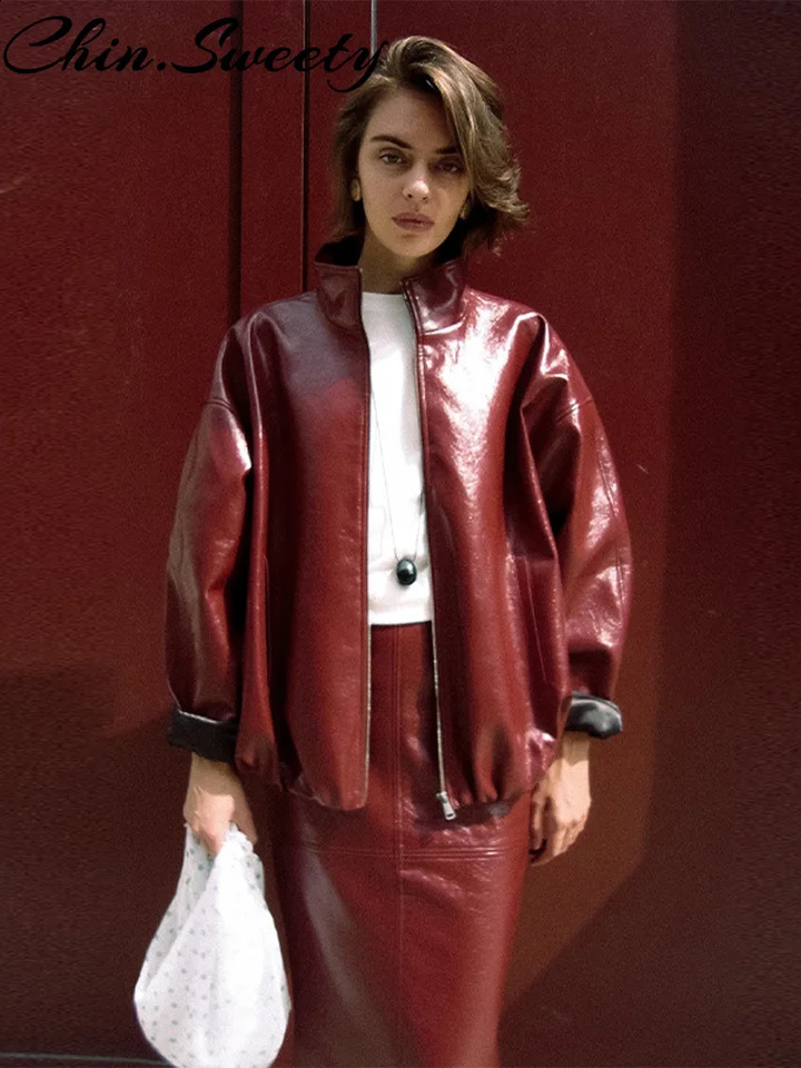 Y2K Pu Leather Women Skirt Set Street Solid Long Sleeve Stand Zippers Jacket Split Skirts 2025 Autumn Fashion Lady Outfit 250918
