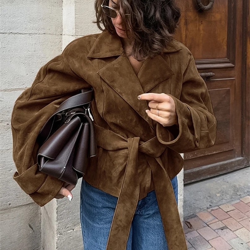 Retro Brown Lace Up Shorts Suede Jacket Elegant Female Lapel Long Sleeves Slim Coats Autumn Chic Lady High Street Outwear250918