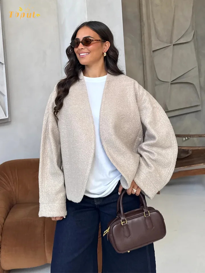 Women Solid Short Woolen Coat Fashion Long Sleeve Round Neck Cardigan Jacket 2025 Autumn Winter Street Daily Lady Outerwears 250918
