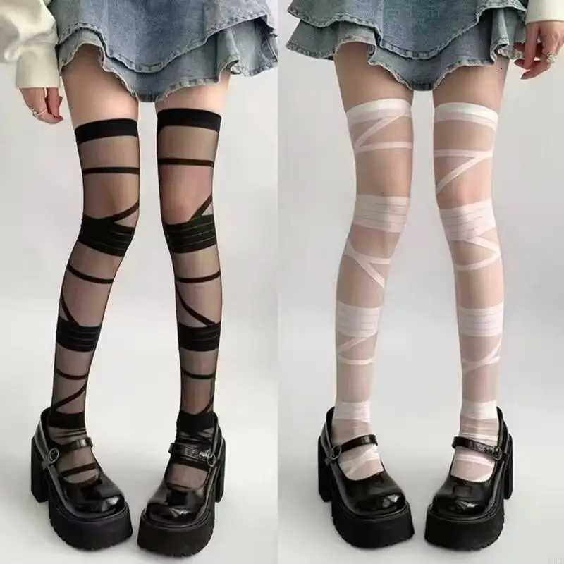 Silk Thigh High Stockings with Bandage Pattern for Women Japanese JK See Through Thin Over Knee Long SocksXJ250920