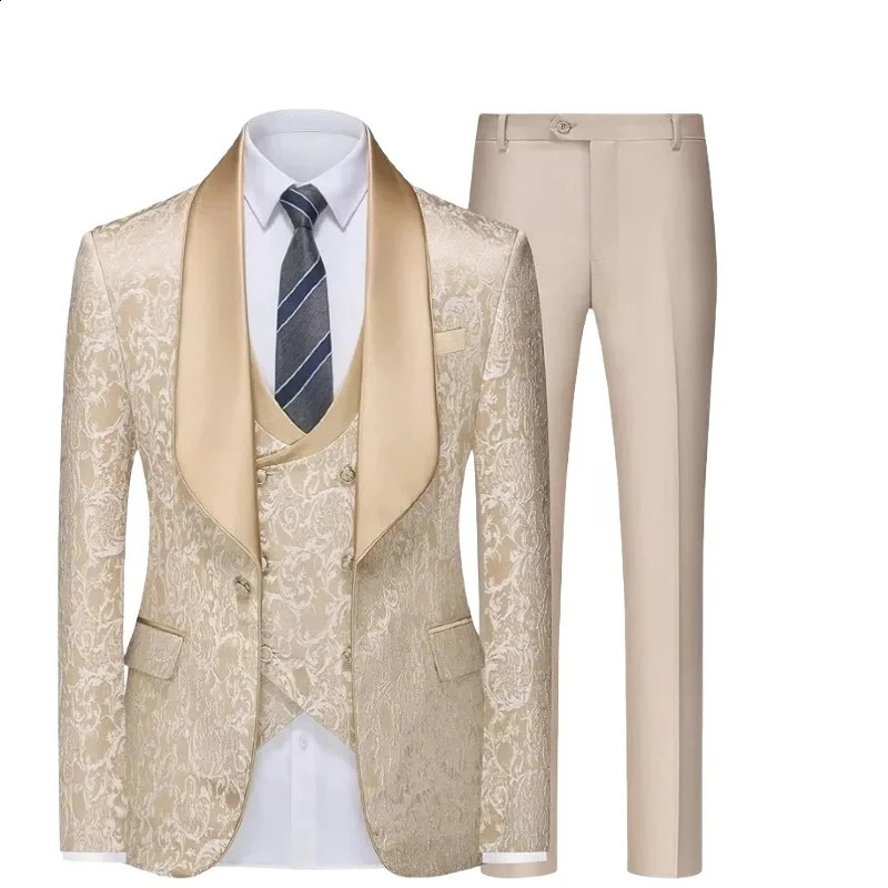 Champagne Jacquard Mens 3 pièces Suit Formal Châle Revers Slim Fit Tuxedos Man Blazer Set pour le promotion de mariage 250918