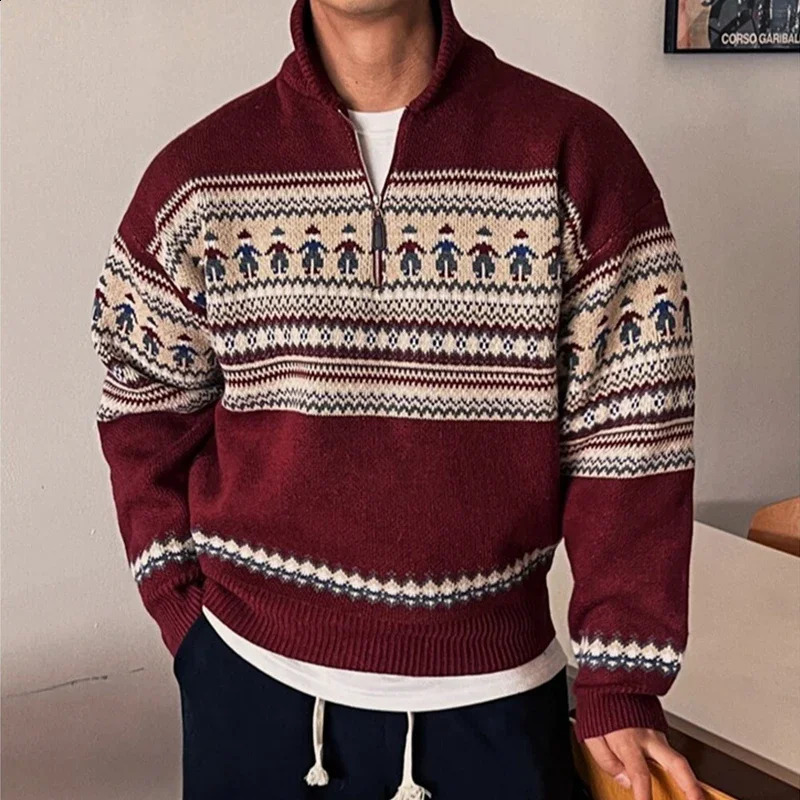 Winter Fair Isle Half Zip Polo Neck Sweaters For Men Y2K Vintage Christmas Knitted Pullovers Red Knitwear Man 250918BJ