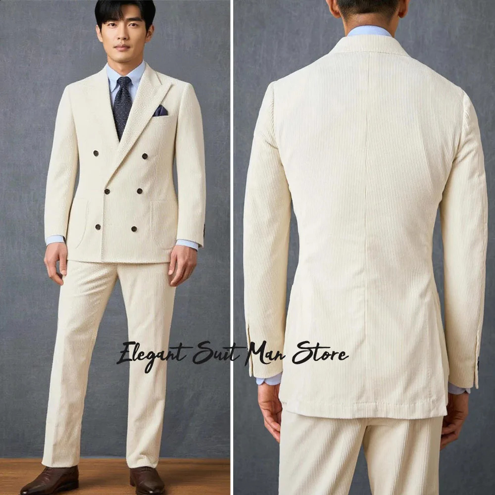 Blanc Vintage Corduroy Mens Set Set Patls Pants Slim Fit Business Blazers Pantalons Men Double Breasted Business 250918