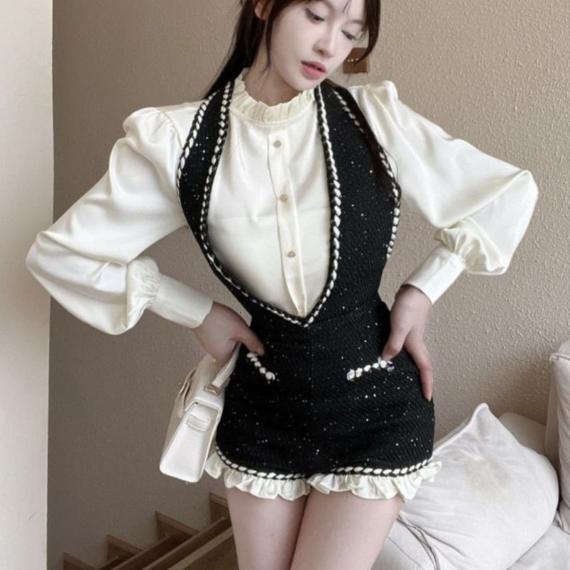 Twopiece vintage française définit les femmes à volants solides et à la chemise en tweed Halter courte salope