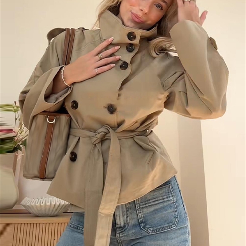 Belted Waist Cropped Trench Double Breasted Stand Collar 2025 Autumn Chic Elegant Women Coat Casual Vintage Office Lady Jacket y250918