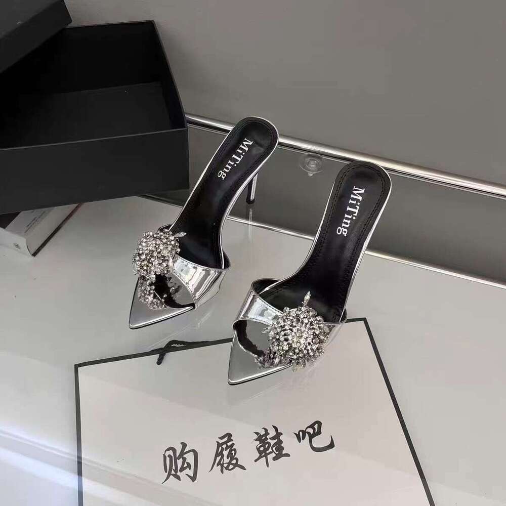 Pointed Toe Rhinestone High for Women 2025 Summer New Black Designer Shoe Sensation Stiletto Heels Outdoor One-Strap Sandals
