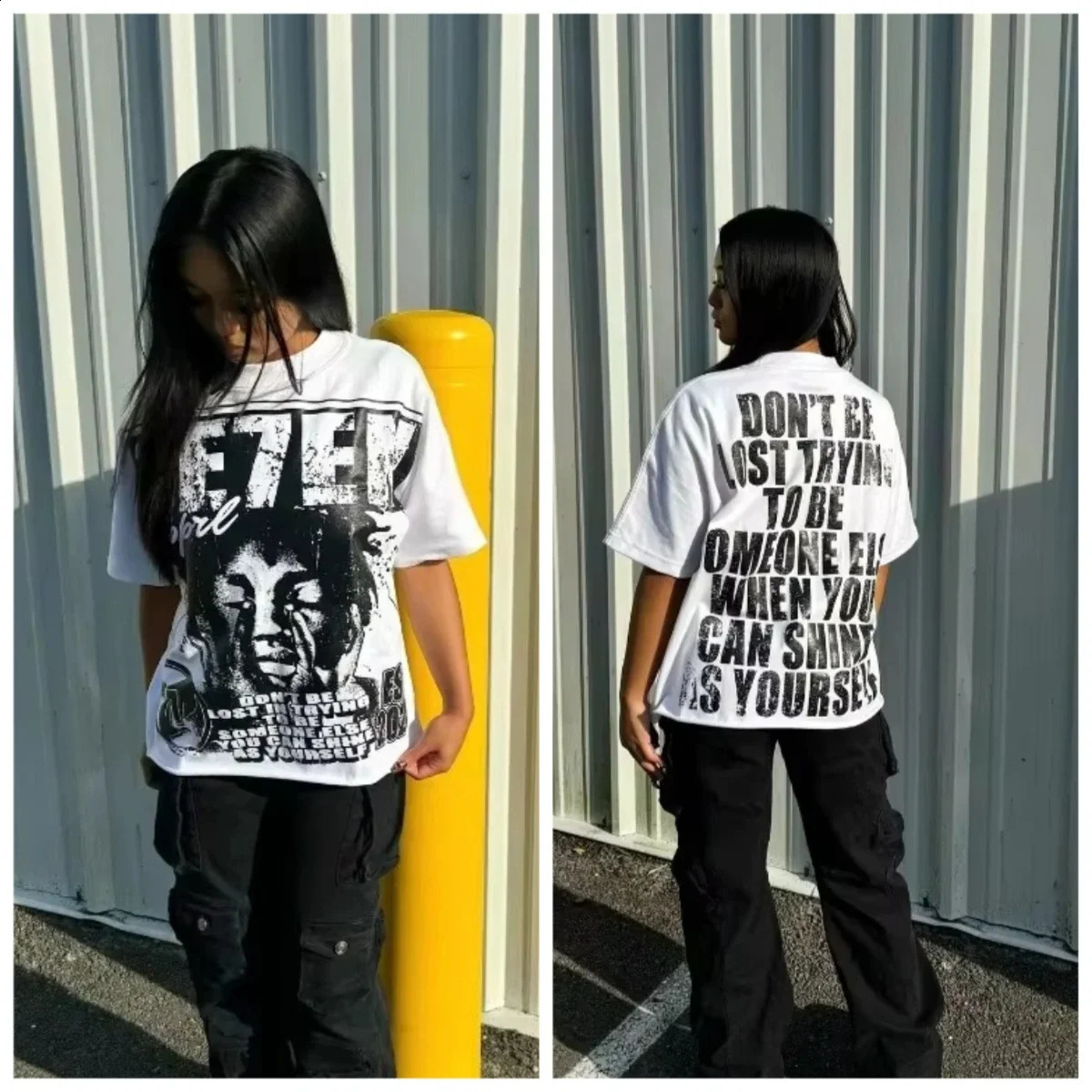 y2k top Alphabet print Street Harajuku short sleeve Tshirt 2025 American retro loose couple casual shirt 250918