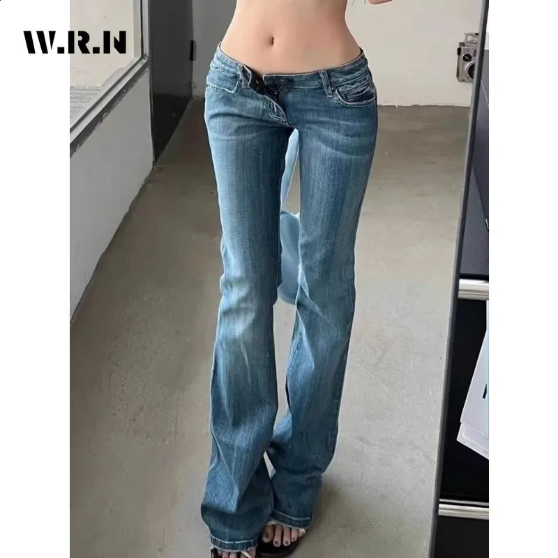 2024 Autumn Womens Casual sweet Harajuku Jeans Vintage Sexy Emo Slim Fit Washed Pants Y2K Wide Leg Blue Denim Trouser 250919