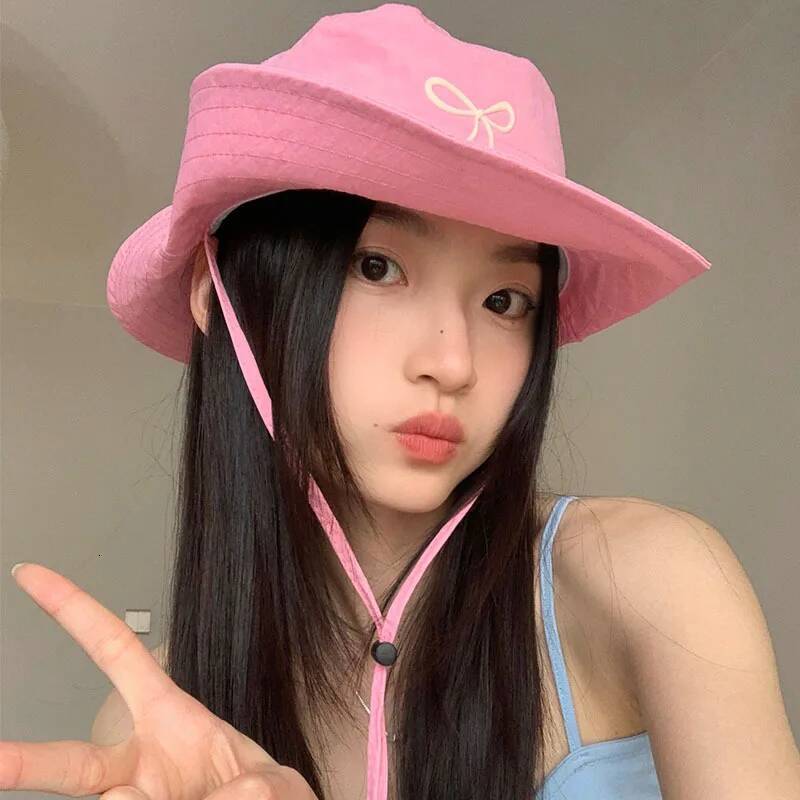 Bow Embroidery Women Quick Dry Bucket Hat Summer Outdoor Hiking Camping Panama Caps Wide Brim Fordable Sunscreen Basin Hats ddmythur