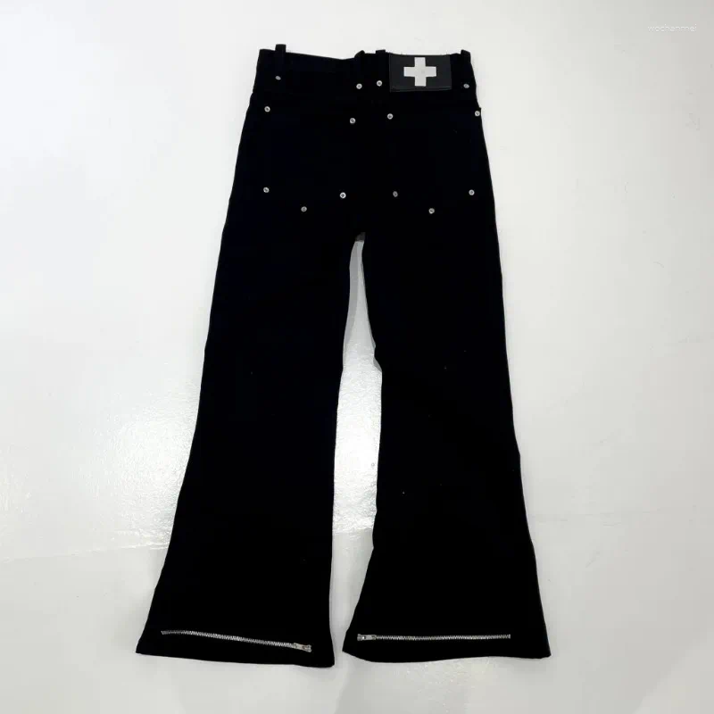 Men's Jeans Y2K Gothic Harajuku Miniature Bellbottom Pants Fashion Willow Nail Leather Label Hip Hop High Street Unisex Baggy