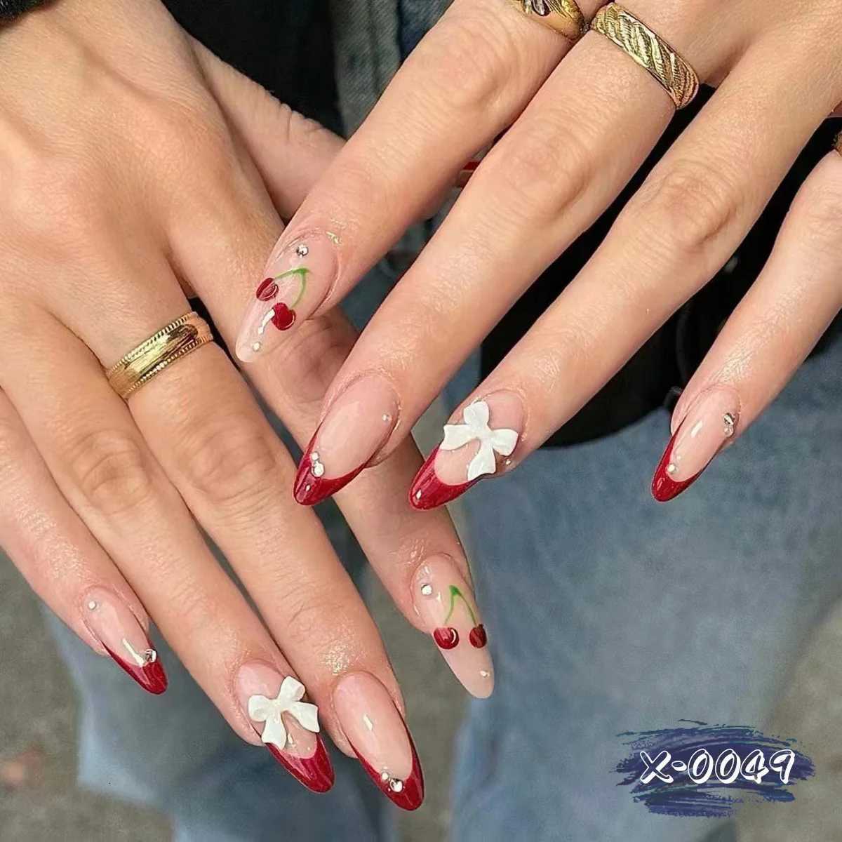 24Pcs Midlength Red French Almond Press on Nails Tips 3D Bow Design False Nails with Jelly Glue Rhinestone Artificial Fake Nail W250919