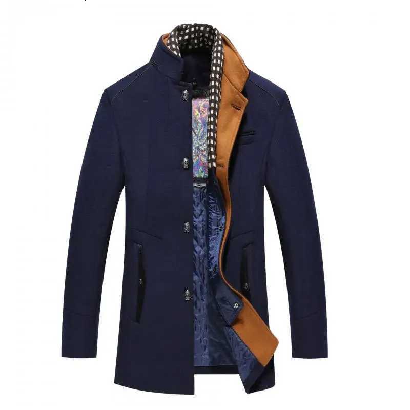 Autumn Winter Mens Wool Coats Smart Casual Thick Warm Woolen Trench Outerwear Men Stand Collar Fashion Detachable Scarf Coats X250919