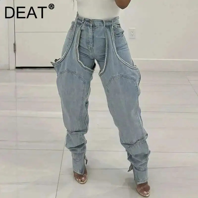 DEAT 2024 Winter Arrival Trendy Solid Color Hollow Out Patchwork Jeans For Women Irregular Zipper Denim Pants Female 33A2326 250919