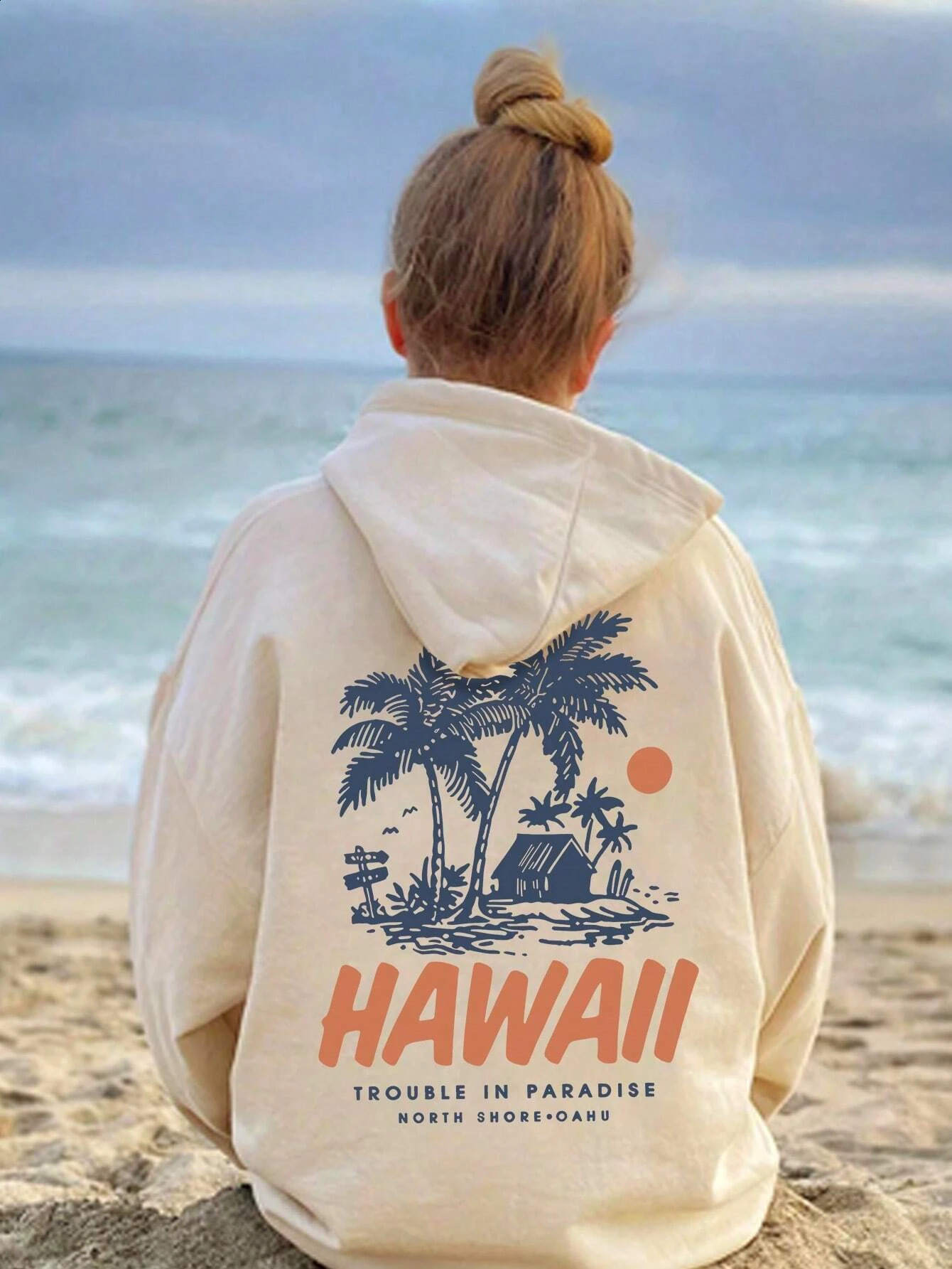 Womens Fashion Casual Letter Vacation Island Hawall Printed Hoodie Autumn Loose Sweatshirt Back School Clothing 250918