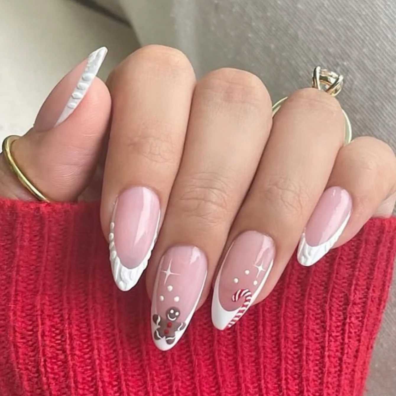 24PCS Christmas French Almond Press Nails Nude Pink With Gingerbread And Crutches Fully Covered False Nails Acrylic Nails W250919